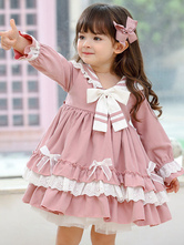 Vestito da un pezzo per bambini a maniche lunghe con colletto da marinaio in poliestere con volant rosa dolce Lolita per bambini
