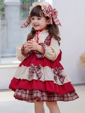 Vestido de Lolita dulce para niños Sombreros Lazo rojo Botón de fresa Volantes Poliéster Manga larga Niños Vestido de una pieza