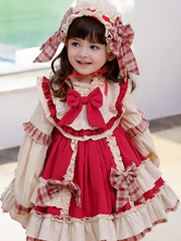 子供の甘いロリータドレス帽子白いフリルポリエステル長袖赤い弓キッズワンピースドレス