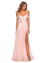 ピンクの花嫁介添人ドレスAラインフロアレングスVネックシフォンウエディングドレス