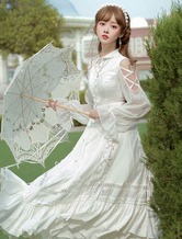 Süßes Lolita OP-Kleid Weißes Schnüren Kaskadierende Rüschen Langarm Lolita-Kleider