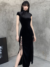 Vestido maxi gótico para mujer, cuello alto, manga corta, poliéster negro, vestido dividido