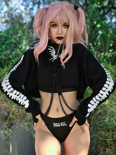 Women Gothic Hoodies Black Polyester Long Sleeve Casual Gothic Top