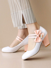 Weiße Lolita Schuhe Round Toe PU Leder Chunky Heel Lolita Pumps