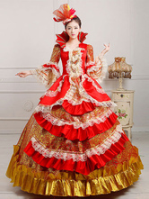 Retro Kostüme Rot bestickt Polyester Kopfbedeckung Kleid Retro Marie Antoinette Kostüm Set Vintage Kleidung