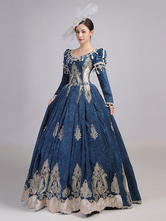 Robe rétro bleu marine brodé Marie Antoinette chapeaux Opéra Costume ensemble rétro fête robe de bal