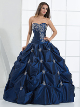 Blue Wedding Dress Satin Beading Vintage Strapless Sweetheart Floor-Length Bridal Gown