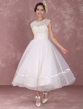 Elegant Backless Bow Round Neckline A Line Tea Length Wedding Dress Free Customization