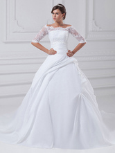 Robe de mariée pirncesse en taffetas blanche demie-manche tansparente boutonée sur dos à traîne robe de mariage