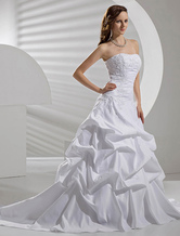 White Wedding Dresses Taffeta Dropped Waist Ruched Bridal Gown Strapless Lace Applique Beading Court Train Bridal Dress
