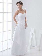 White Ruched A-Line Straps Taffeta Wedding Gown