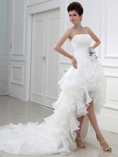 Vestido de Noiva Marfim Sem alças Curto em Frente Para Casamentoes Verão Asymmetrical Organza Ruffles Em camadas Flores Cetim Plissado 