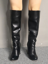 ワイドカーフニーハイブーツブラックチャンキーヒール3.5 "女性用ニーレングスブーツ