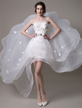 A-Line Organza Short Wedding Dress Strapless Flowers Beaded Bow Lace Up Bridal Dress With Chapel Train Free Customization