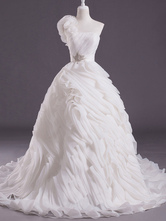 Vestido de novia de organza de color marfil de un solo hombro de cola larga 