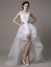A-Line High Low Wedding Dress Lace Beading Flower Organza Bridal Dress With Brush Train Free Customization