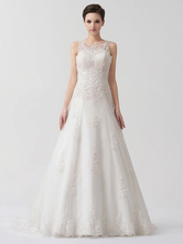 Ivory Lace Sweetheart Neckline A-Line Tulle Pleated Beaded Wedding Dress Free Customization