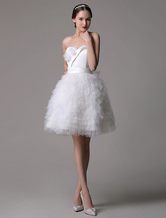 Ivory Satin Short Bridal Gown Sweatheart Neckline Tulle Tired Backless Strapless Wedding Dress