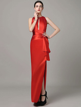 Keyhole Evening Dress Side Split Floor-Length Satin Pleated Red Sheath Dinner Dress Milanoo
