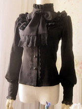 Lolitashow Bianco in Chiffon Lolita camicetta maniche lunghe collo alto Big Bow Tie Lace Trim
