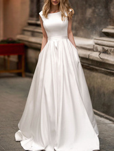 Vintage-Hochzeitskleid 2024  A-Linie  Bateau-Ausschnitt  ärmellos  bodenlang  Satin-Brautkleid