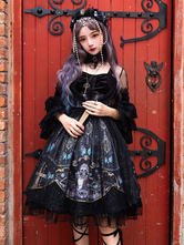 Gothic Lolita OP Kleid Cascading Rüschen Bögen Schwarzes Skelett Langarm Lolita One Piece Kleider