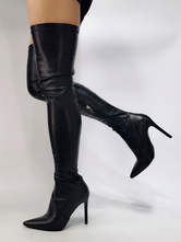 Botas de cano alto preto sexy com bico fino sobre o joelho