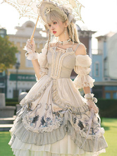 Sweet Lolita Wedding OP Dress Stampa floreale Fiori grigio chiaro Fiocchi Abiti Lolita One Piece