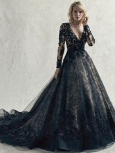 Gothic Black Wedding Dresses Lace Princess Silhouette Long Sleeves Lace Court Train Bridal Gown Free Customization