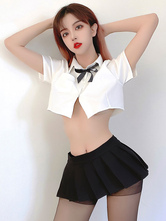 Women Sexy School Girl Costume 3-Piece Set Black Mini Skirt Cravat Top Outfits