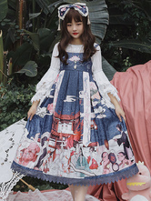 Vestido Gothic Lolita JSK Fairytale Infanta Sin mangas Encaje Azul marino Gothic Lolita Jumper Faldas