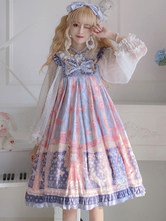 Douce Lolita JSK Robe Kawaii Robe Bleu Ciel Clair Polyester Sans Manches Noeuds Doux Lolita Pull Jupes