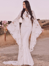 Свадебное платье Boho с поездом с придворным поездом белый драгоценный камень с длинным рукавом кружев