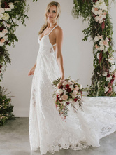 Beach Wedding Dress With Chapel Train White V-Neck Sleeveless Backless Lace Split Long Bridal Gowns Free Customization