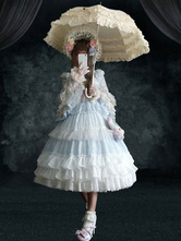 Sweet Lolita OP Dress Retro Lolita Wedding Dress Conjunto de 4 piezas Baby Blue Ruffles Manga larga Lolita Vestidos de una pieza Outfit