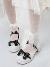 Dulce lolita calzado blanco pu cuero redondo punta negro bowknot lolita zapatos