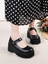 Calzado académico Lolita Negro Punta redonda Cuero de PU Zapatos de tacón Lolita informales diarios
