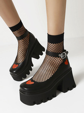 Gothic Lolita Schuhe Herzmuster Runde Zehe Schnürschuhe aus schwarzem PU-Leder