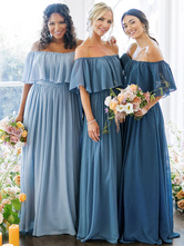 Bridesmaid Dresses Blue A-Line Floor-Length Bateau Neck Half-Sleeve Zipper Chiffon Prom Dress Free Customization