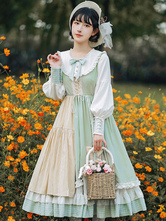 Süßes Lolita OP Kleid Grünes Polyester Langarm Bowknot Ruffle Lolita Einteilige Kleider