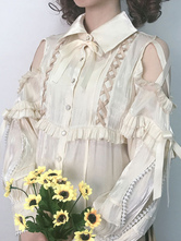 Süße Lolita Blusen Polyester Schnürung Langarm Lässig Top Light Aprikose Lolita Shirt