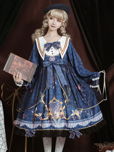 Robe académique Lolita OP bleu manches longues dentelle volante Douce Lolita robe Chic