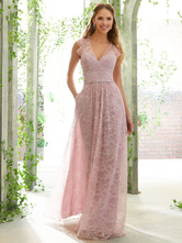 Vestido de dama de honor rosado Una línea de vestido de fiesta de boda de encaje sin mangas hasta el suelo sin mangas