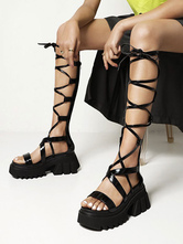 Black Lolita Lace Up Sandals PU Leather Daily Casual Lolita Summer Heeled Sandals