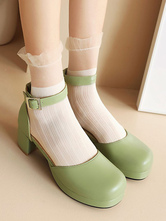 Süße Lolita Sandalen Grüne PU-Leder runde Zehen Chunky Heel Lolita Sommer Knöchelriemen Heels