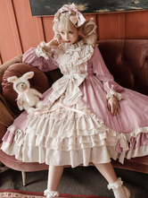 Sweet Lolita OP Dress Volantes Lazos Mangas largas Pink Tea Party Lolita Vestidos de una pieza