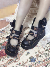 Botas góticas lolita com franja  bico fechado  salto plano  faux  couro  botas pretas  lolita