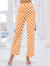 Women Orange Houndstooth Pants Cotton 