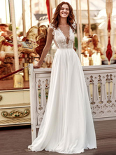 Robe de mariée simple blanche A-line col en v taille naturelle en mousseline de soie dentelle robes de mariage