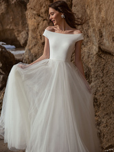 Vestido de Noiva Branco Simples Causal 2024 Linha A Decote Bateau Sem Manga Linha Plissado Tule Vestidos de Noiva